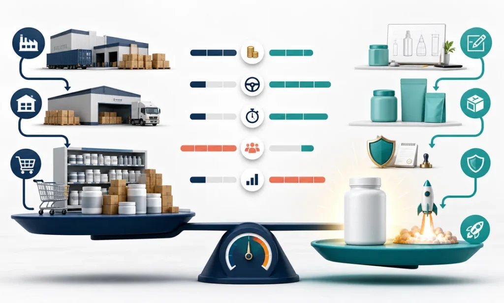 Wholesale and private label marketplace business models compared across control, margin, speed, competition, and investment