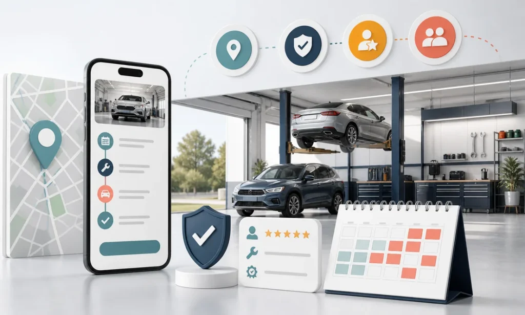 Auto repair shop marketing system connecting local discovery, customer trust, appointments, and a full service schedule