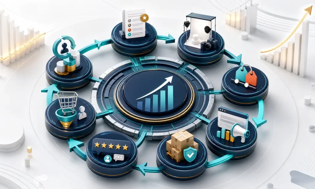 Marketplace sales growth flywheel powered by listing quality, imagery, pricing, advertising, inventory, reviews, and conversion