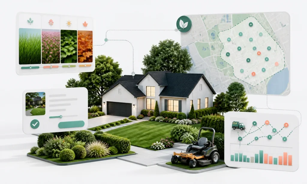 Landscaping marketing with seasonal services, local coverage, quote requests, route planning, and profitable growth