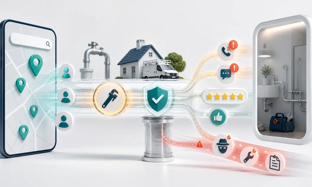 Plumbing marketing funnel filtering urgent local leads through trust, reputation, and service quality signals
