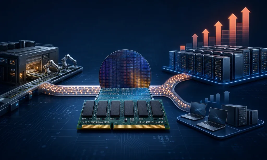 RAM supply chain split between AI data centers and business computers during the 2026 memory shortage