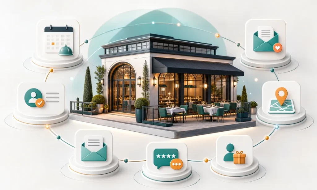 Restaurant marketing automation coordinating reservations, reviews, customer messages, offers, and repeat visits