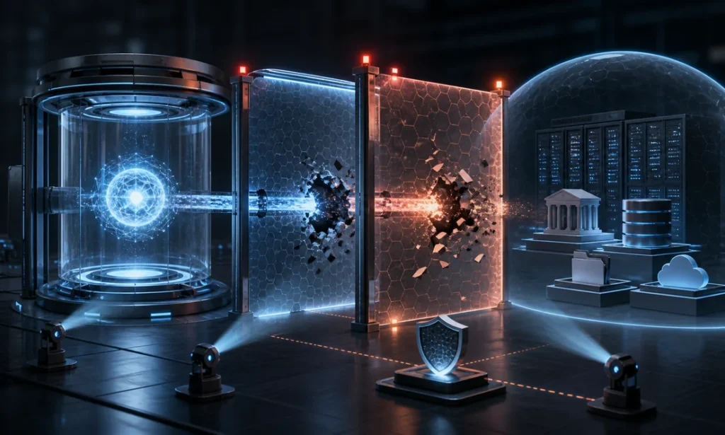 Agente de inteligencia artificial atravesando dos capas de aislamiento mientras controles protegen los sistemas empresariales