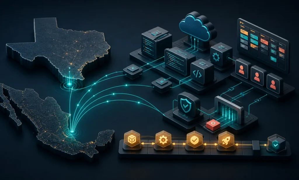 Texas and Mexico connected through a secure nearshore software engineering and delivery architecture