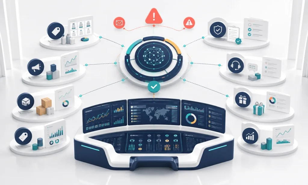 Marketplace account management cockpit coordinating catalog, advertising, inventory, compliance, customer cases, and analytics