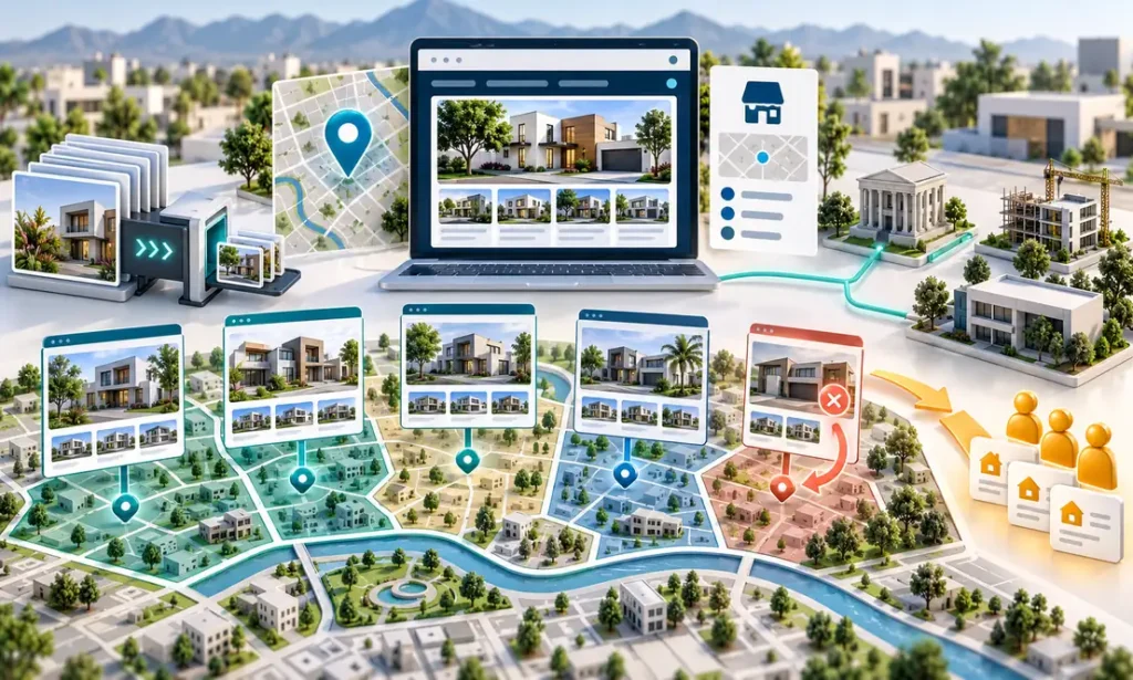 Mapa de SEO inmobiliario con páginas por zona, fichas optimizadas y prospectos locales